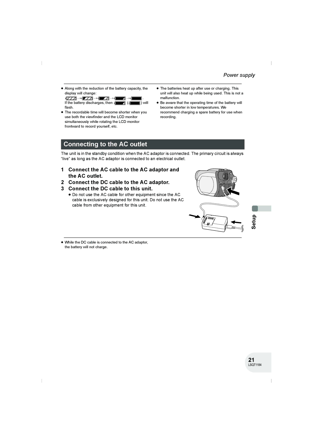 Panasonic VDR-D160GN manual Connecting to the AC outlet 