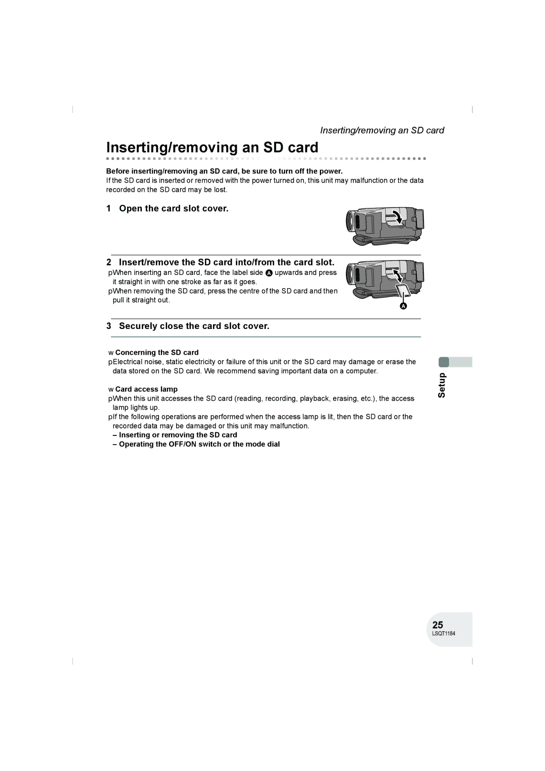 Panasonic VDR-D160GN manual Inserting/removing an SD card, Securely close the card slot cover, Concerning the SD card 