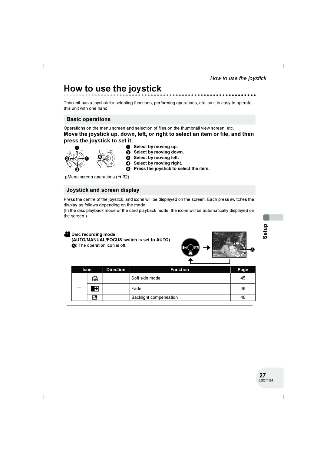 Panasonic VDR-D160GN How to use the joystick, Basic operations, Joystick and screen display, Select by moving up, Icon 