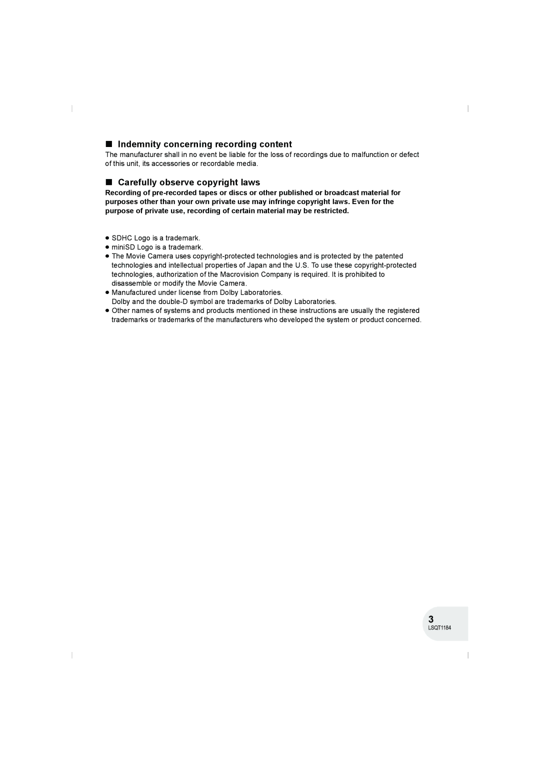 Panasonic VDR-D160GN manual Indemnity concerning recording content, Carefully observe copyright laws 