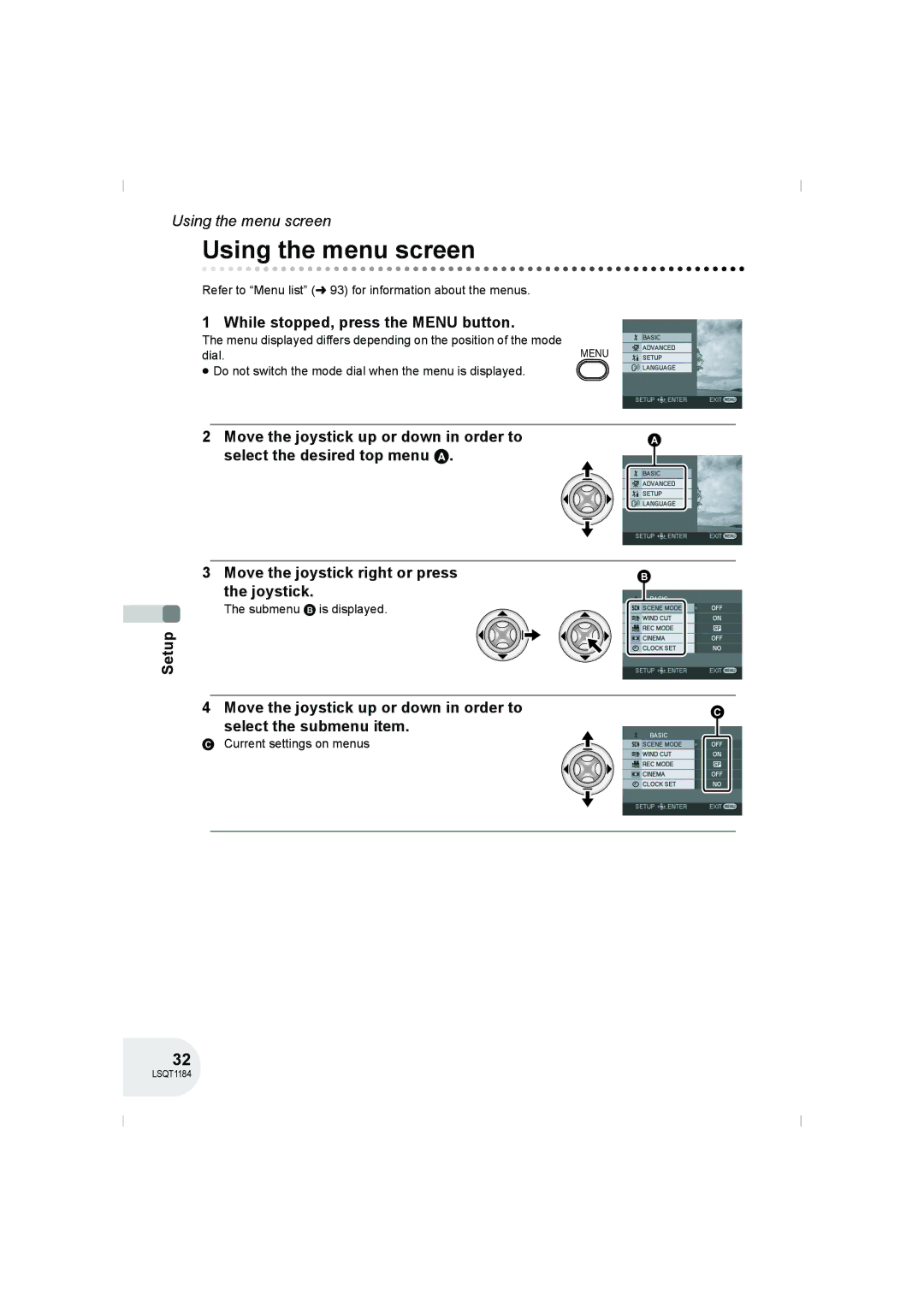 Panasonic VDR-D160GN manual Using the menu screen, While stopped, press the Menu button 