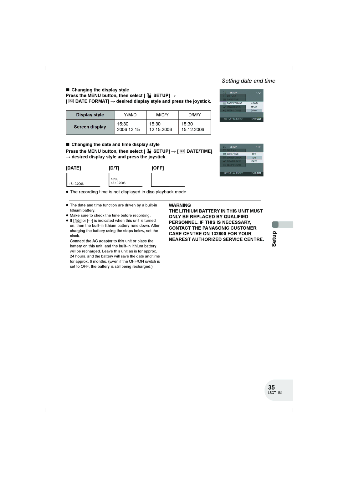 Panasonic VDR-D160GN manual 1530 2006.12.15 12.15.2006 15.12.2006, Date OFF 