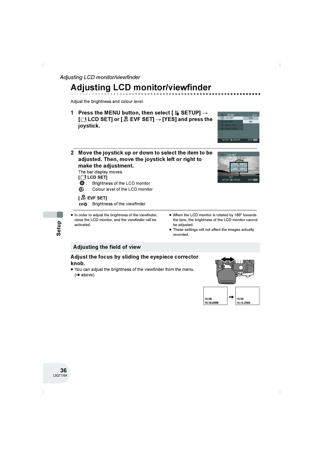 Panasonic VDR-D160GN manual Adjusting LCD monitor/viewfinder, Lcd Set, Evf Evf Set 