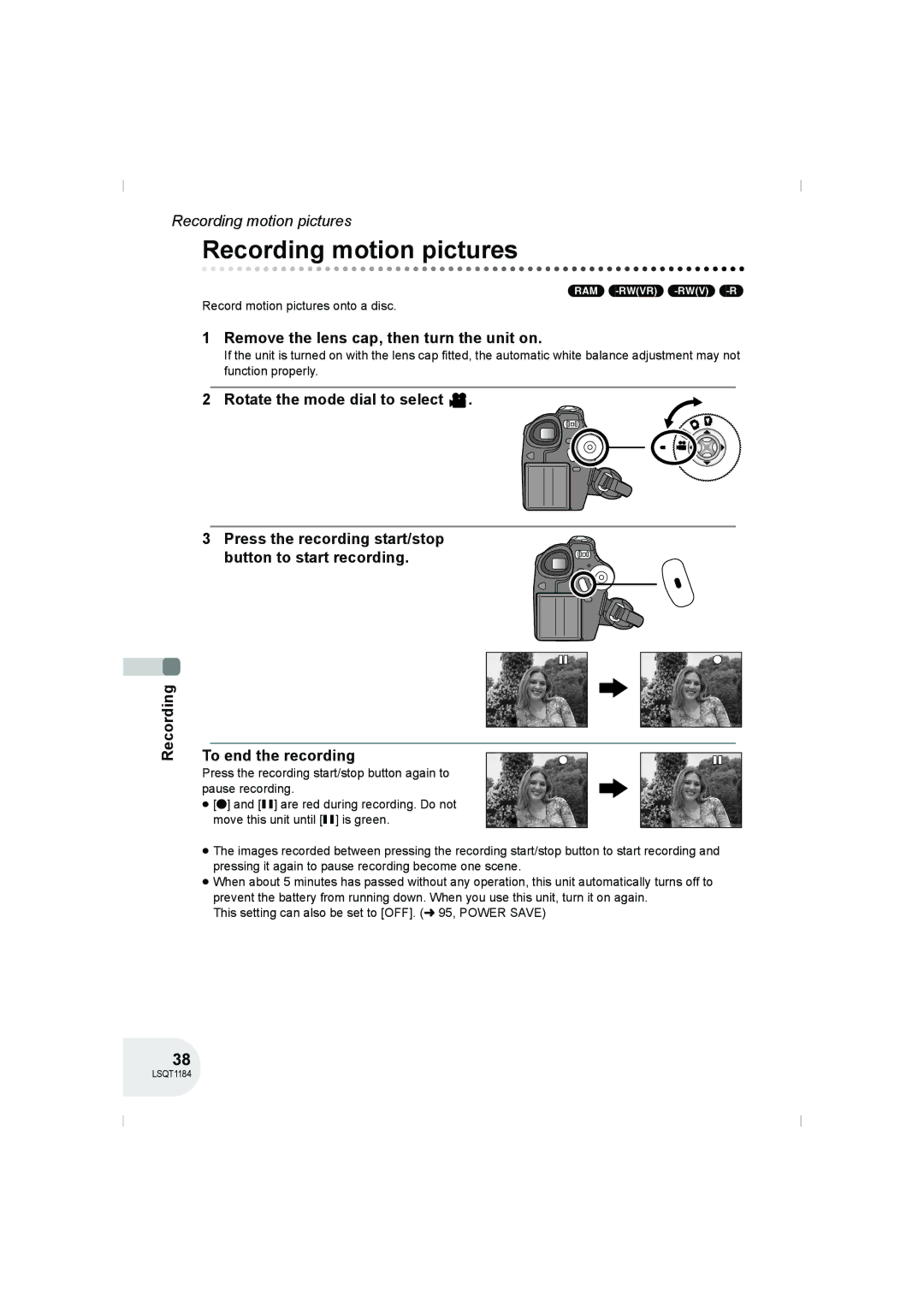 Panasonic VDR-D160GN manual Recording motion pictures, Recording Remove the lens cap, then turn the unit on 