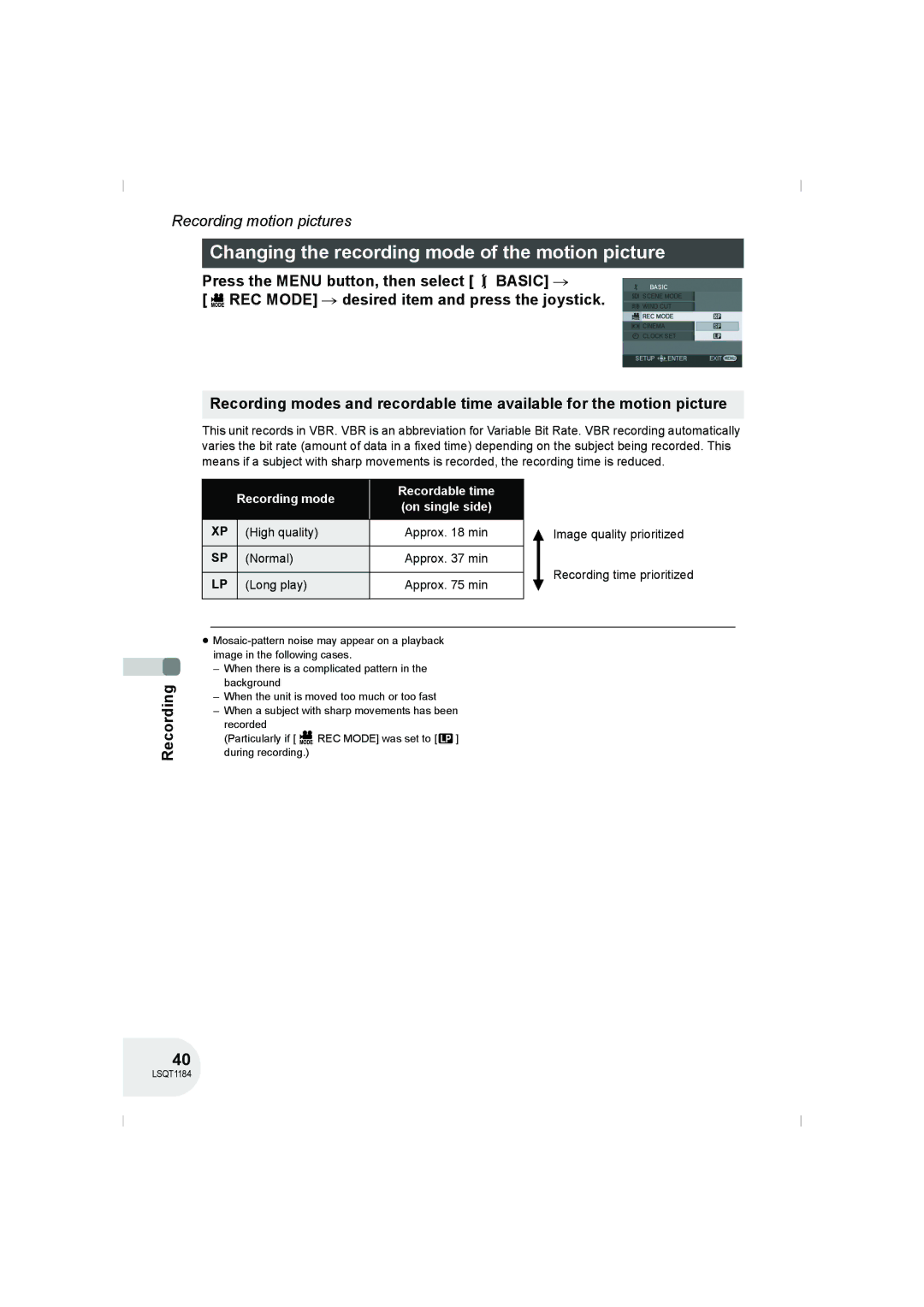 Panasonic VDR-D160GN manual Changing the recording mode of the motion picture, Recording mode Recordable time 