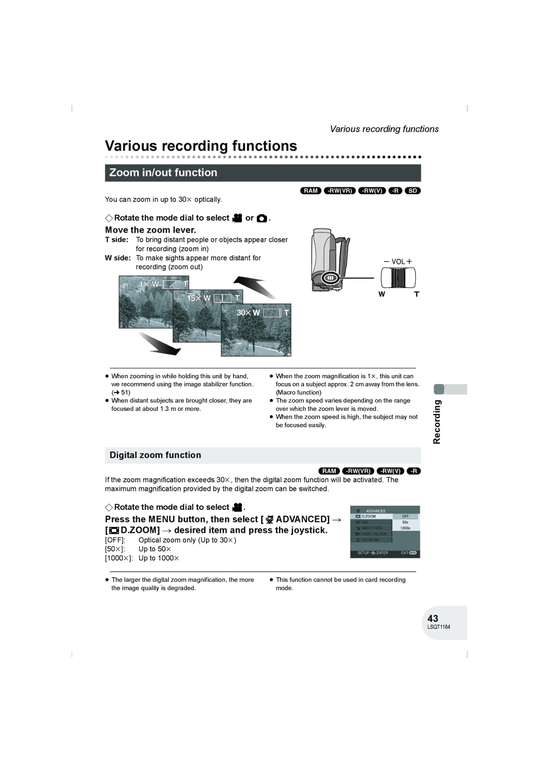 Panasonic VDR-D160GN manual Various recording functions, Zoom in/out function, Move the zoom lever 