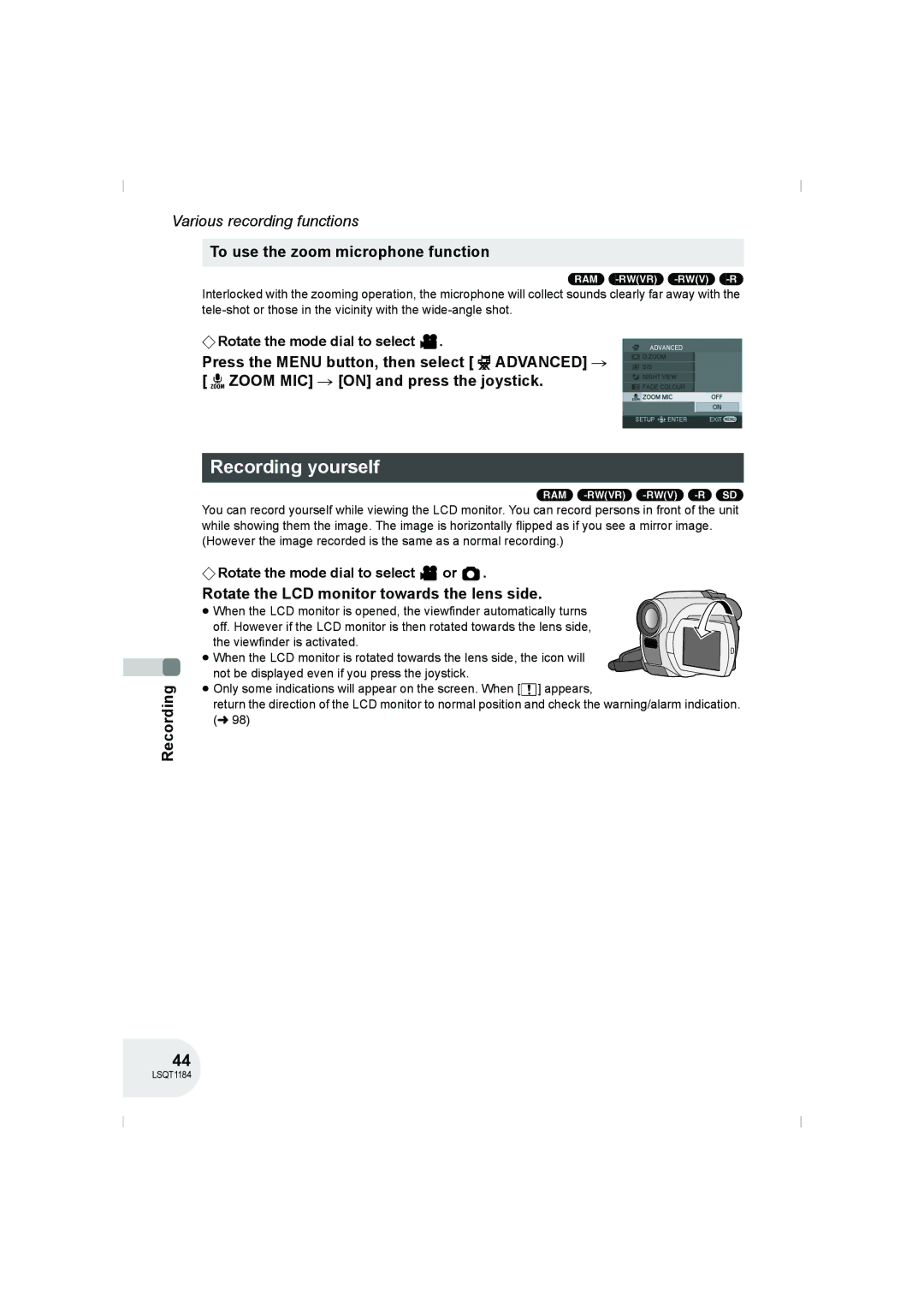 Panasonic VDR-D160GN Recording yourself, To use the zoom microphone function, Rotate the LCD monitor towards the lens side 