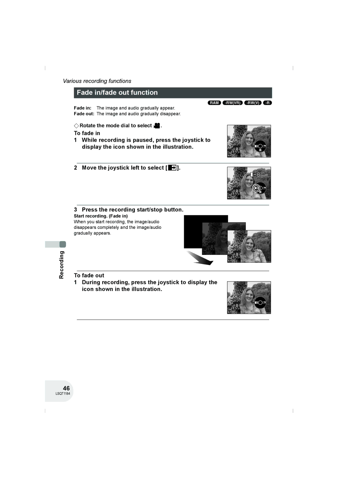 Panasonic VDR-D160GN manual Fade in/fade out function, Start recording. Fade 