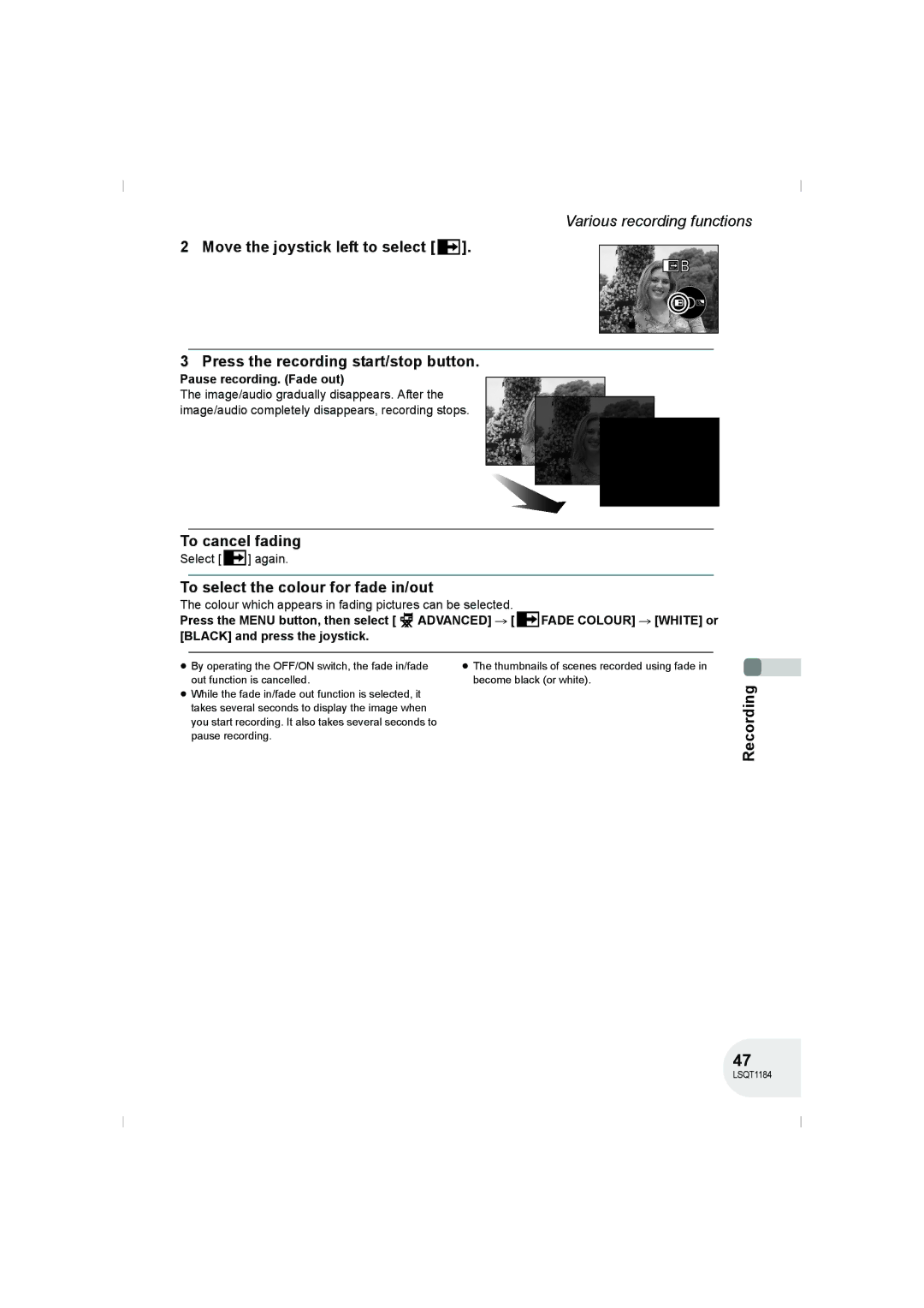 Panasonic VDR-D160GN manual To cancel fading, To select the colour for fade in/out, Pause recording. Fade out 