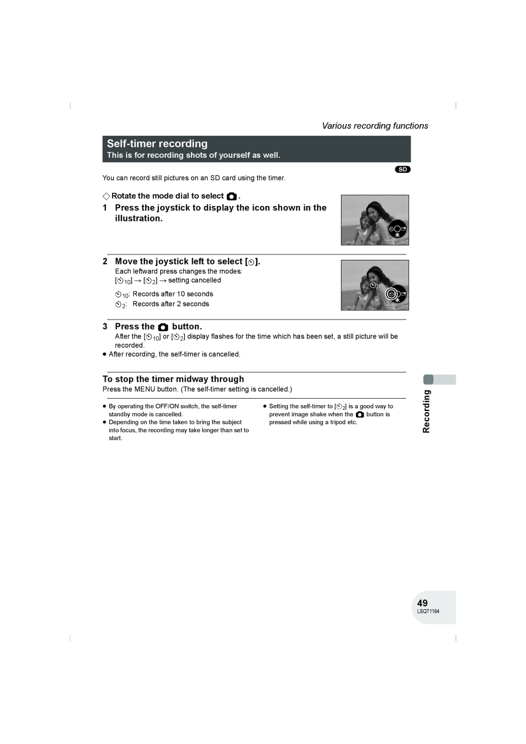 Panasonic VDR-D160GN manual Self-timer recording, To stop the timer midway through 