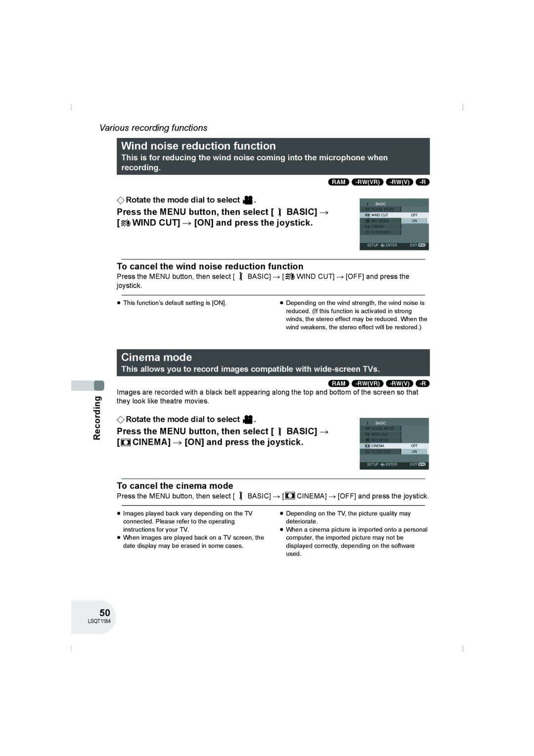 Panasonic VDR-D160GN manual Wind noise reduction function, Cinema mode, Ram -Rw‹Vr› -Rw‹V› -R 