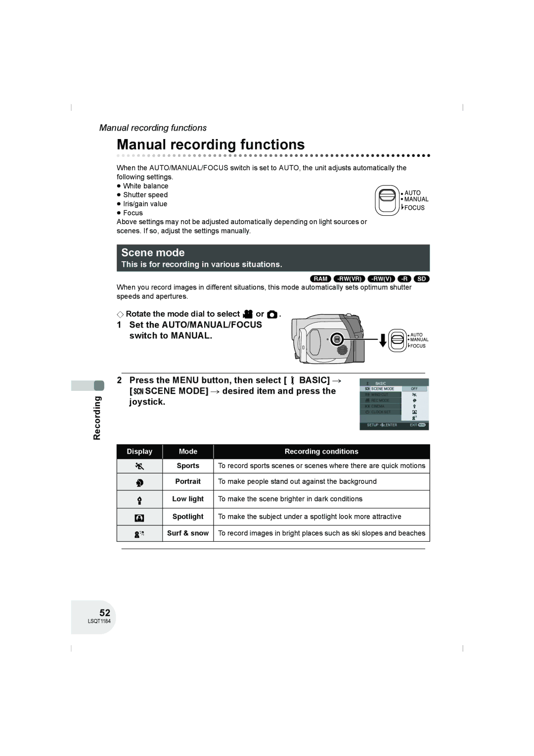 Panasonic VDR-D160GN manual Manual recording functions, Scene mode, Display Mode Recording conditions 