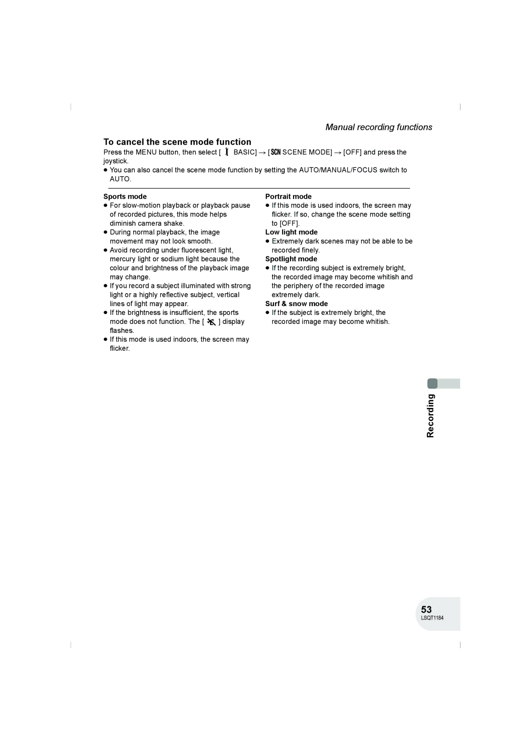 Panasonic VDR-D160GN manual To cancel the scene mode function 