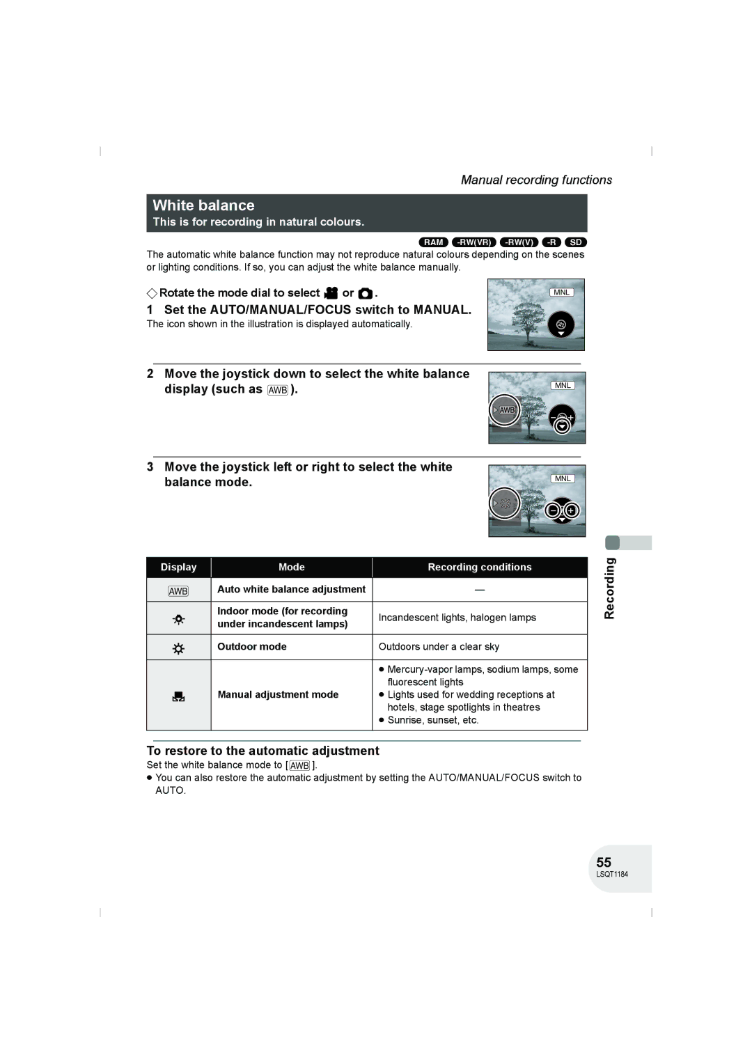 Panasonic VDR-D160GN manual White balance, Set the AUTO/MANUAL/FOCUS switch to Manual 