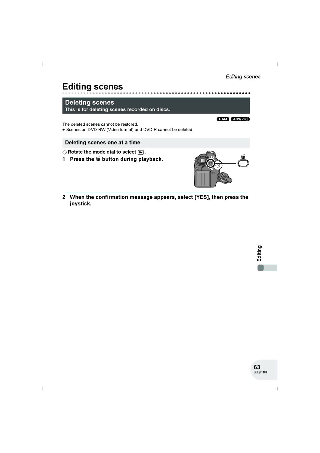 Panasonic VDR-D160GN manual Editing scenes, Deleting scenes one at a time 