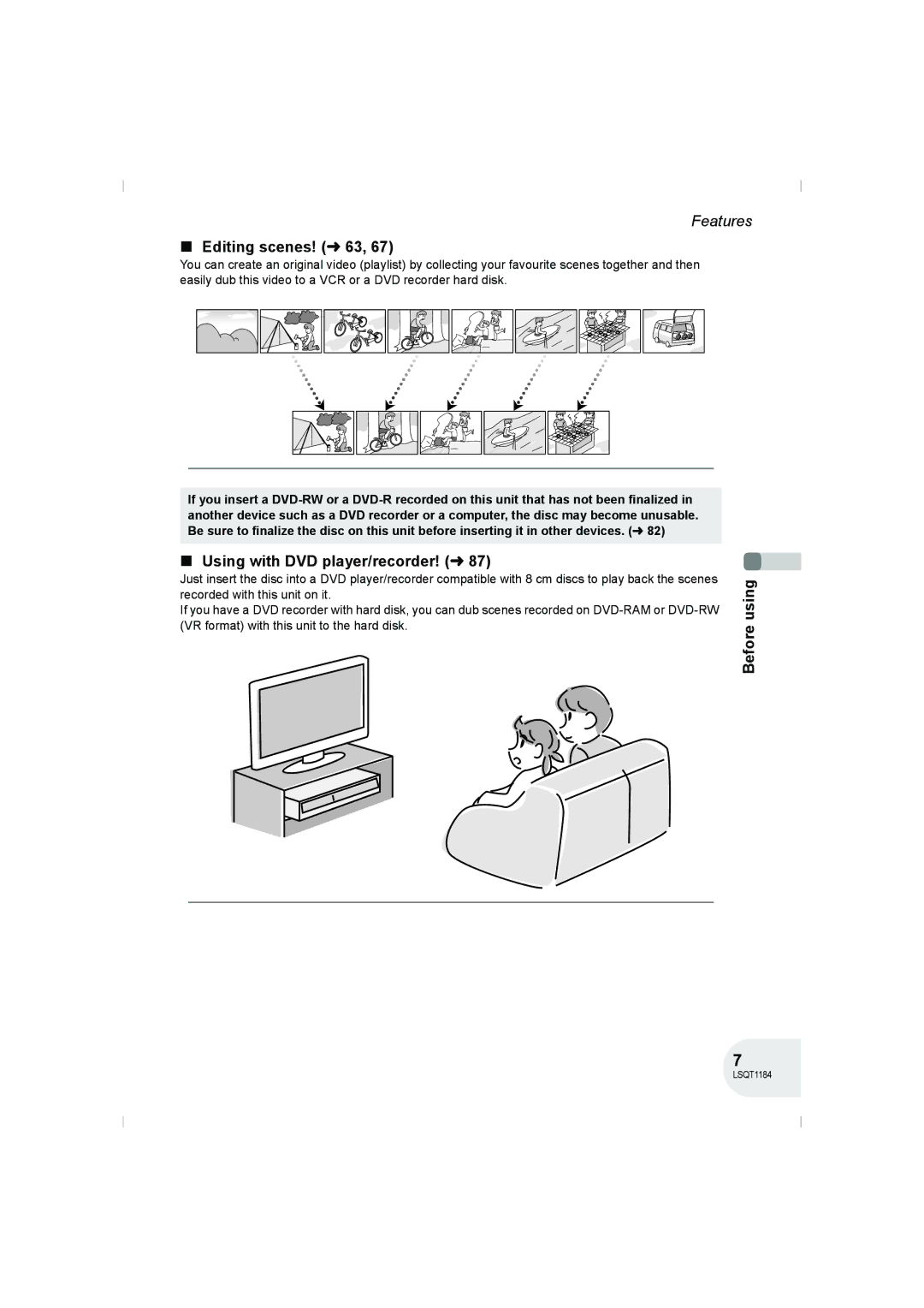 Panasonic VDR-D160GN manual Editing scenes! l 63, Using with DVD player/recorder! l, Before using 