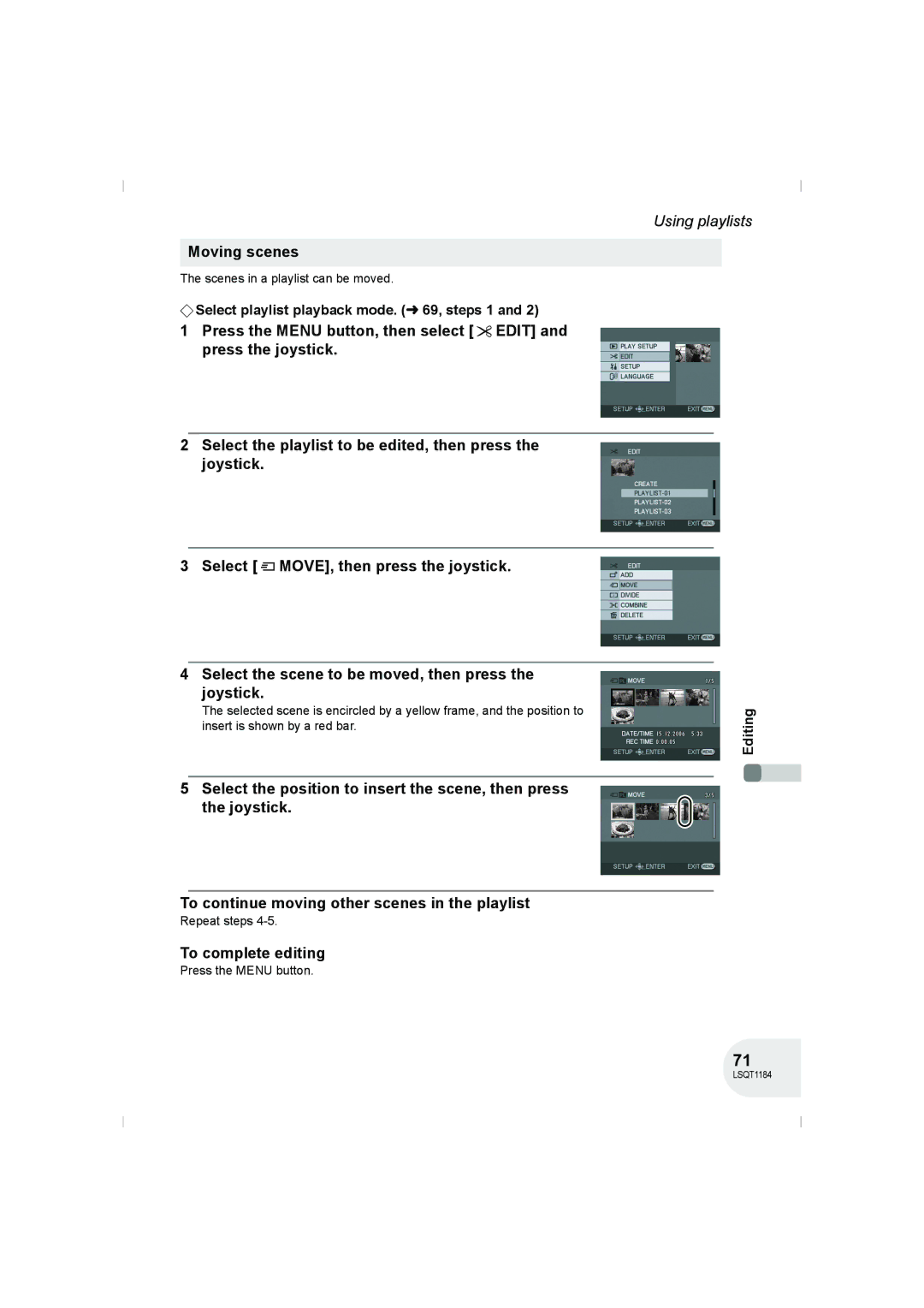 Panasonic VDR-D160GN manual Moving scenes, Scenes in a playlist can be moved 