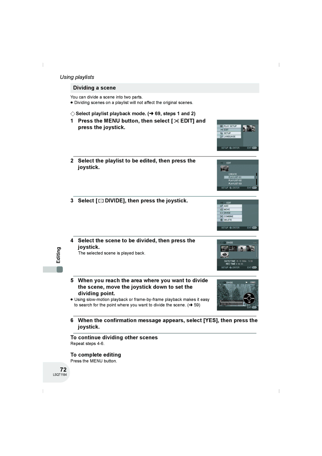 Panasonic VDR-D160GN manual Dividing a scene, Selected scene is played back 