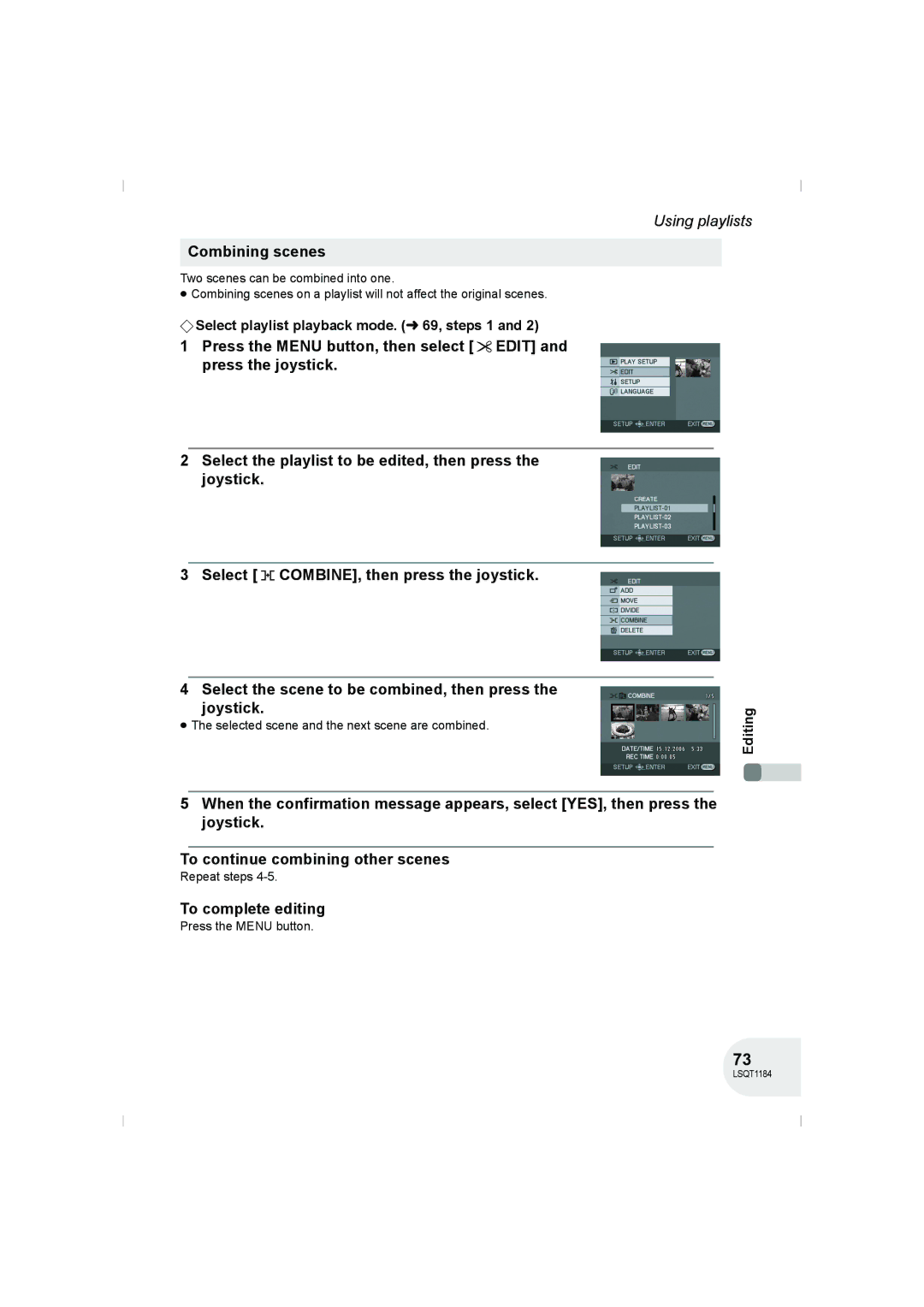 Panasonic VDR-D160GN manual Combining scenes, ≥ The selected scene and the next scene are combined 