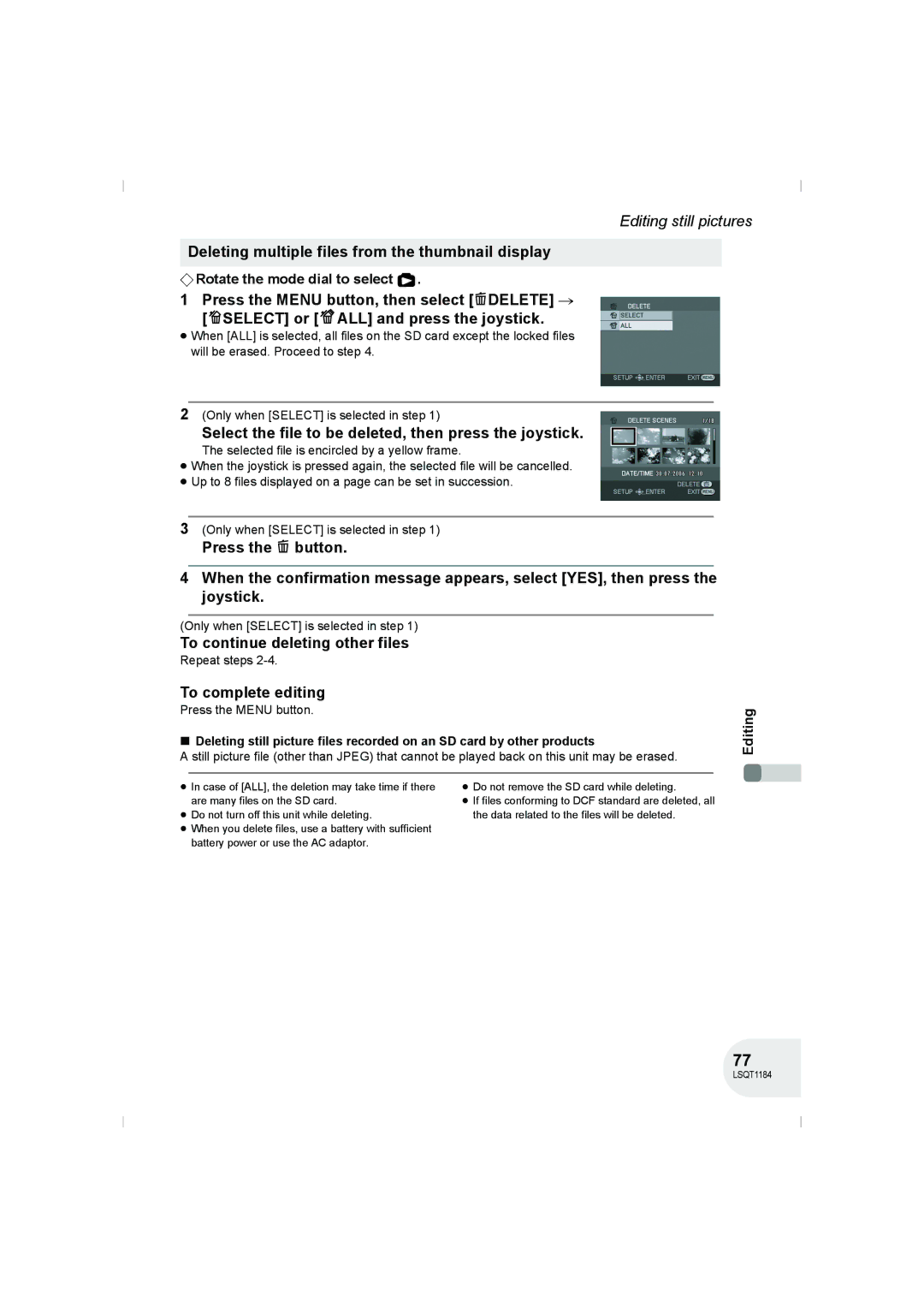 Panasonic VDR-D160GN manual Deleting multiple files from the thumbnail display, To continue deleting other files 