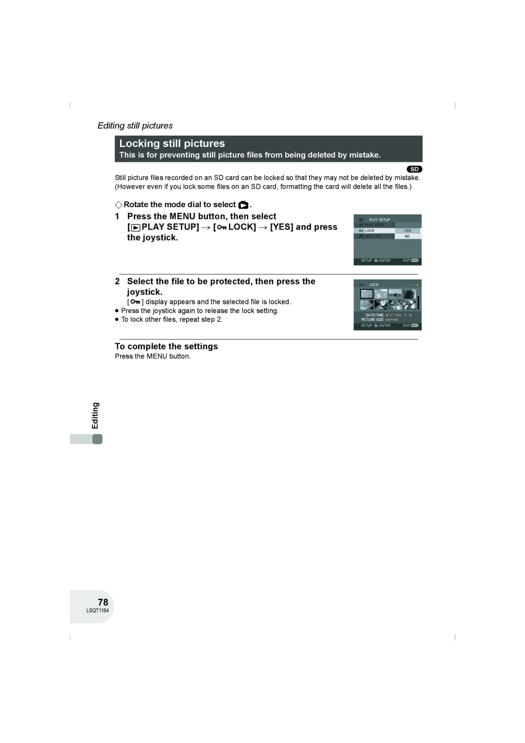 Panasonic VDR-D160GN manual Locking still pictures, To complete the settings 