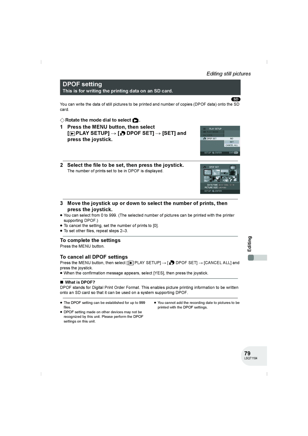 Panasonic VDR-D160GN manual To cancel all Dpof settings, Number of prints set to be in Dpof is displayed, What is DPOF? 