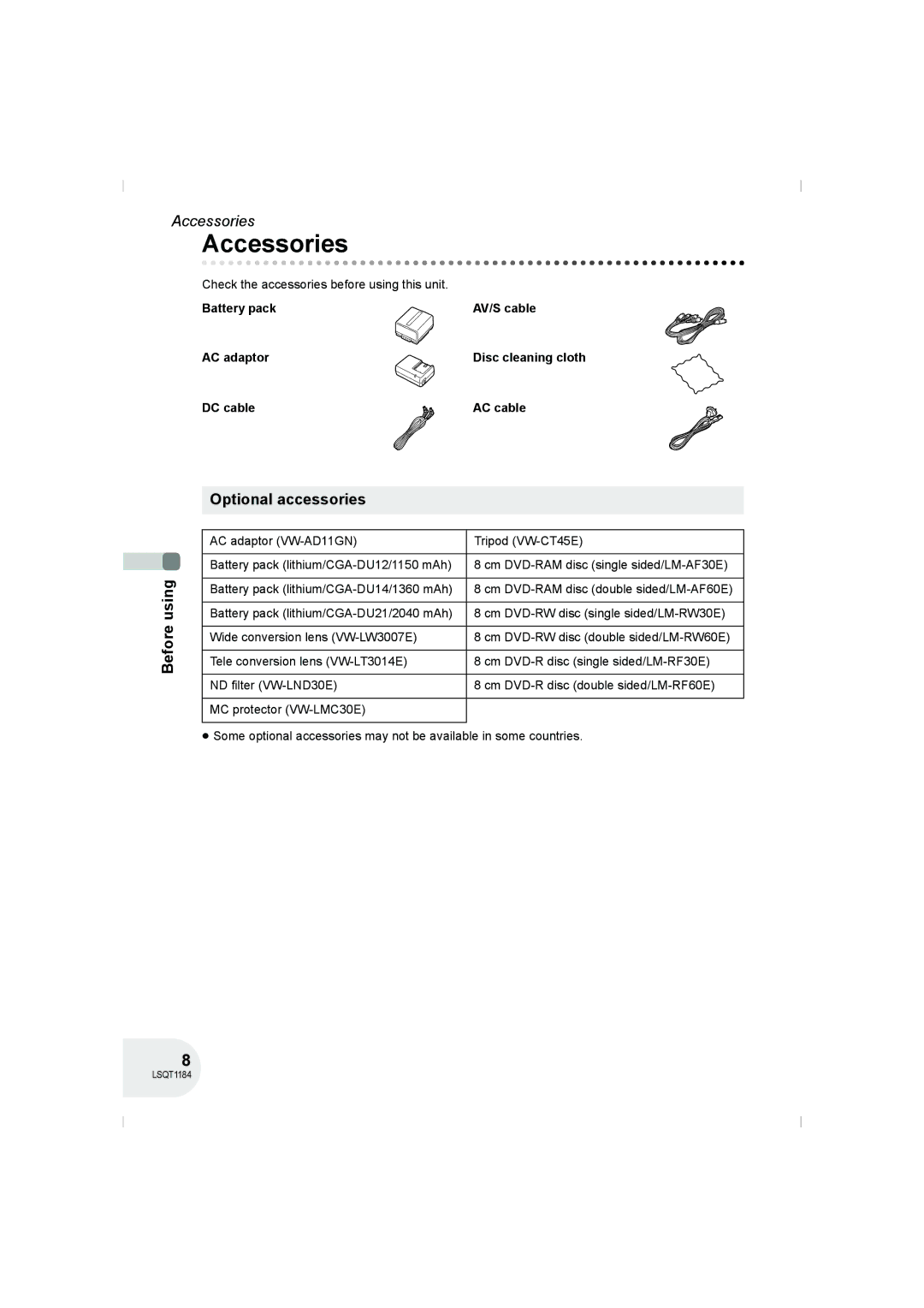 Panasonic VDR-D160GN manual Accessories, Optional accessories, Using, DC cable AC cable 