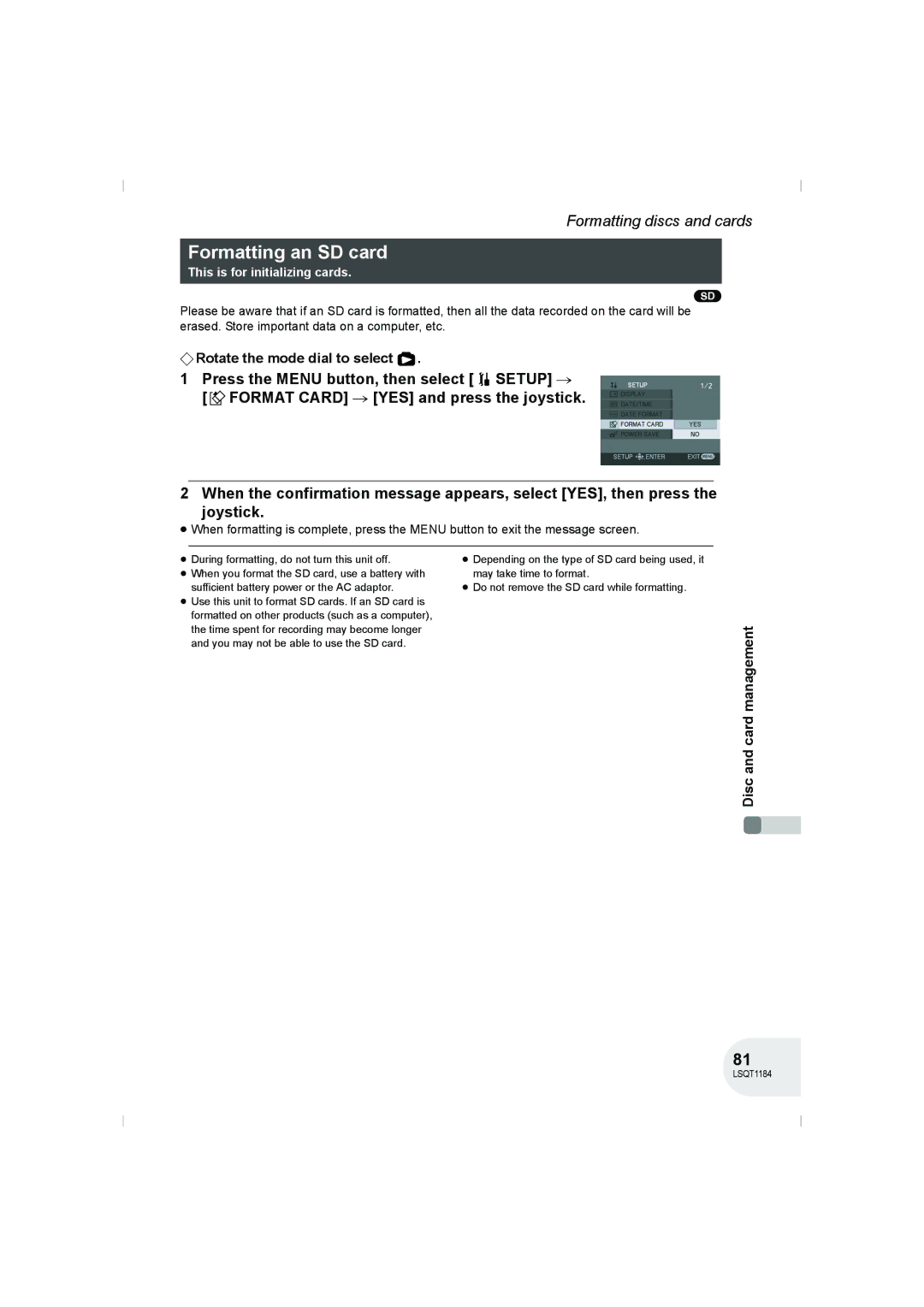 Panasonic VDR-D160GN manual Formatting an SD card, This is for initializing cards 