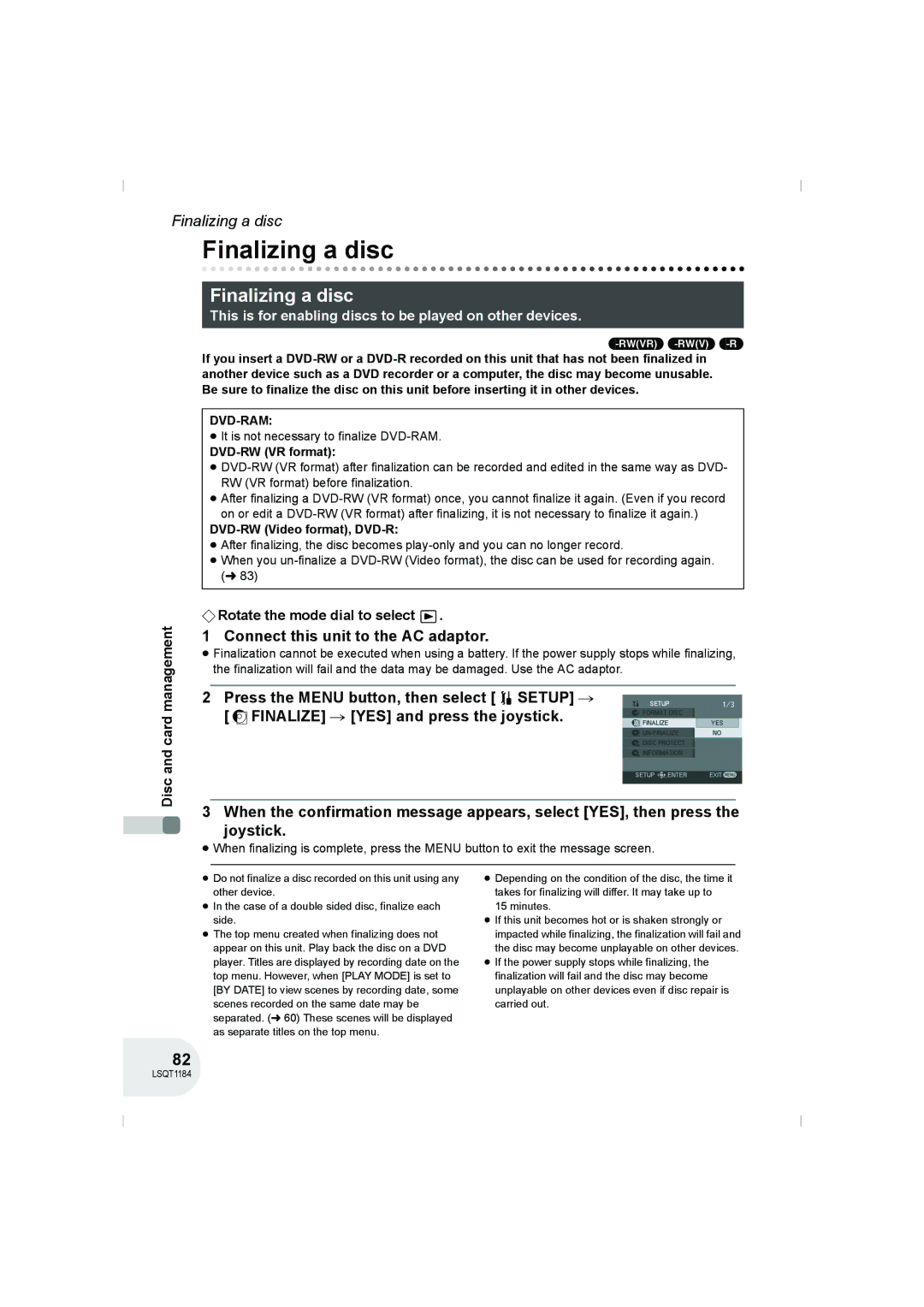 Panasonic VDR-D160GN manual Finalizing a disc, Connect this unit to the AC adaptor, Dvd-Ram 