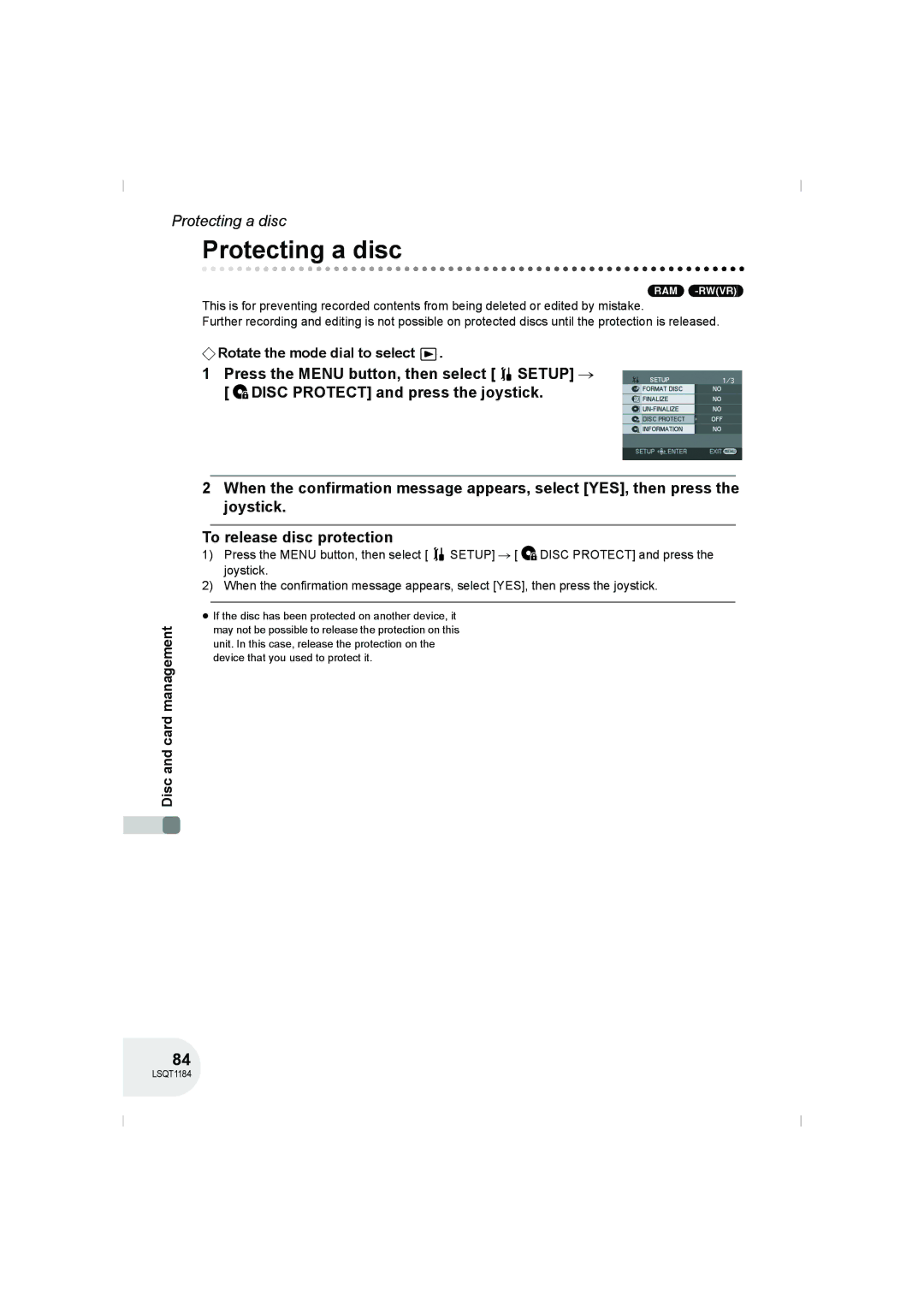 Panasonic VDR-D160GN manual Protecting a disc, Ram -Rw‹Vr› 