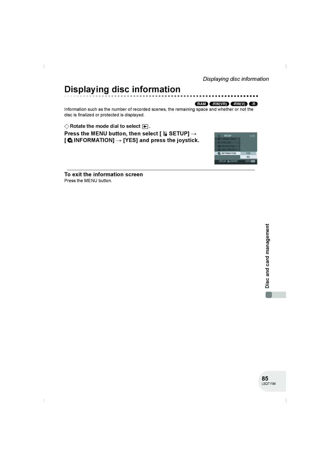 Panasonic VDR-D160GN manual Displaying disc information, Press the Menu button 