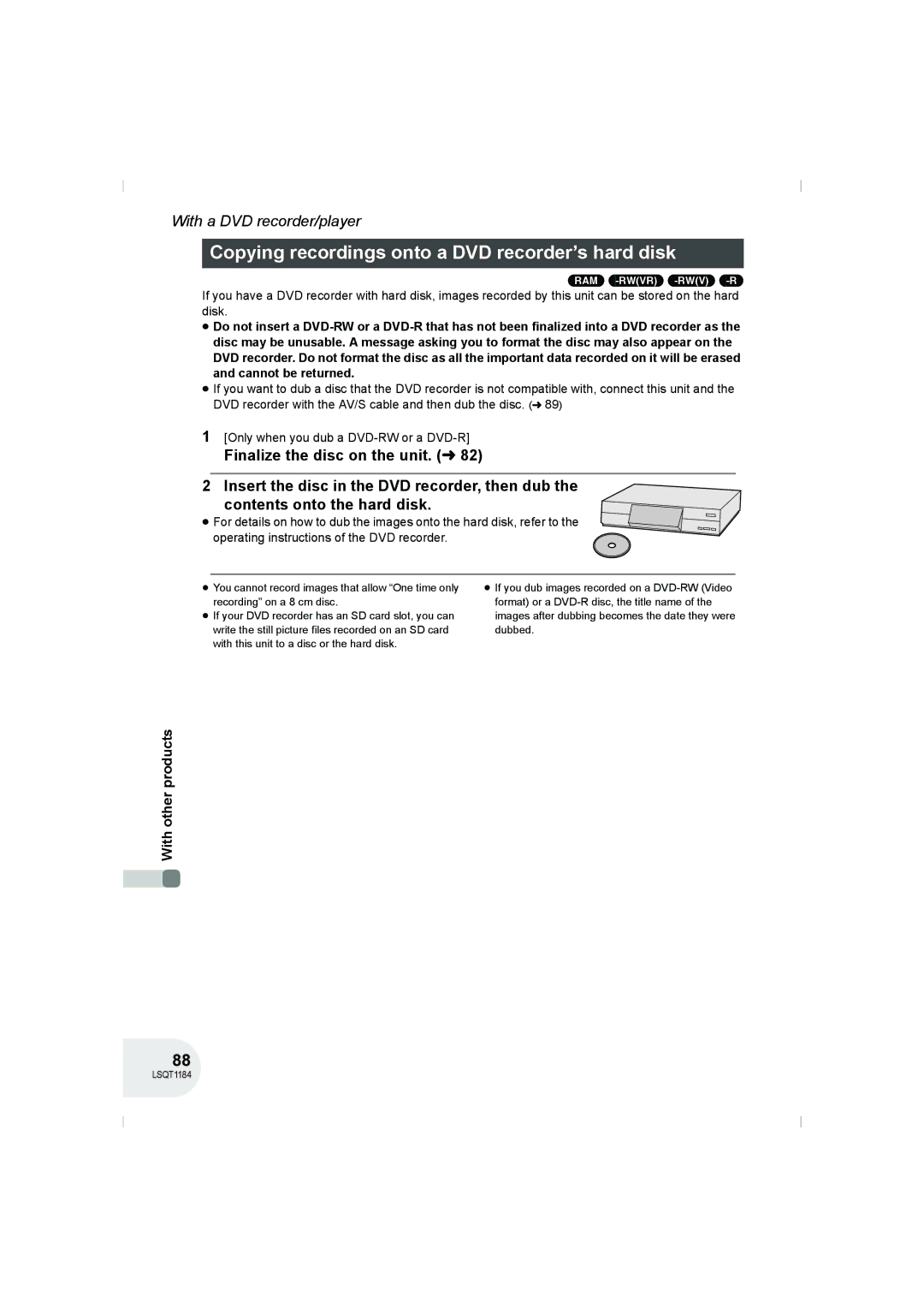 Panasonic VDR-D160GN manual Copying recordings onto a DVD recorder’s hard disk 