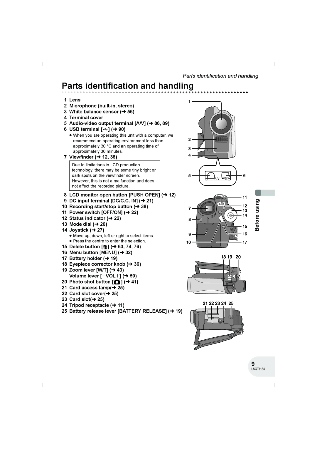 Panasonic VDR-D160GN manual Parts identification and handling, Viewfinder l 12 