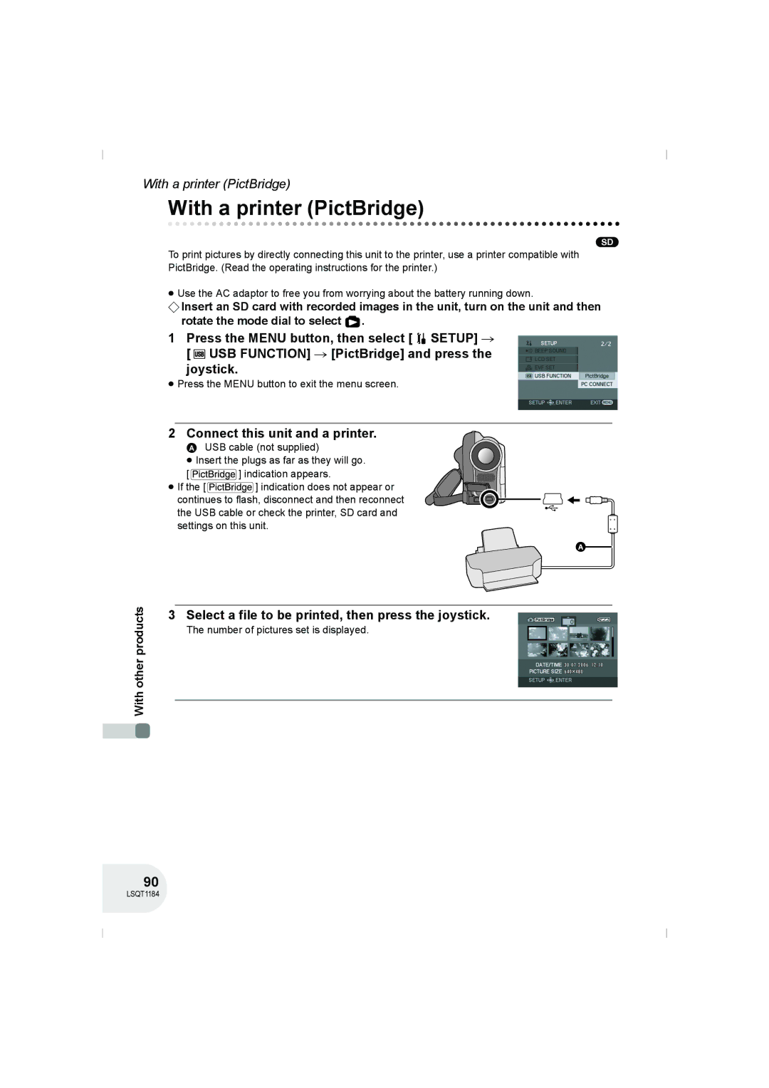 Panasonic VDR-D160GN manual With a printer PictBridge, Connect this unit and a printer, Number of pictures set is displayed 