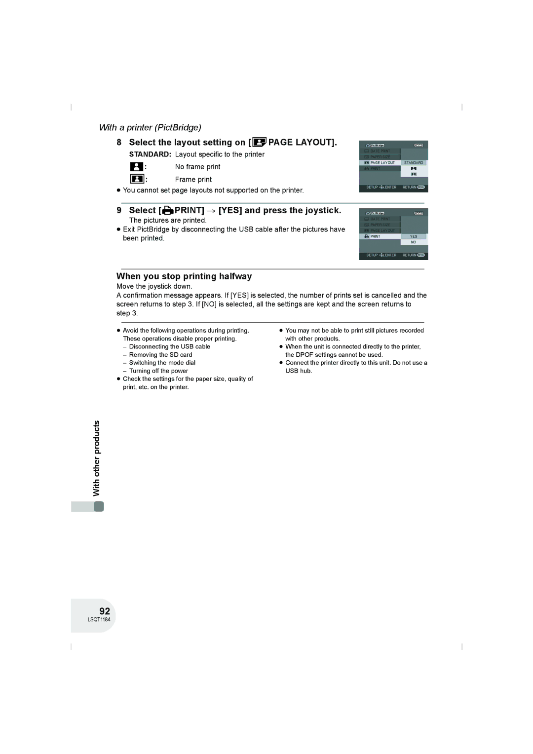 Panasonic VDR-D160GN manual Select the layout setting on page Layout, Select Print # YES and press the joystick 