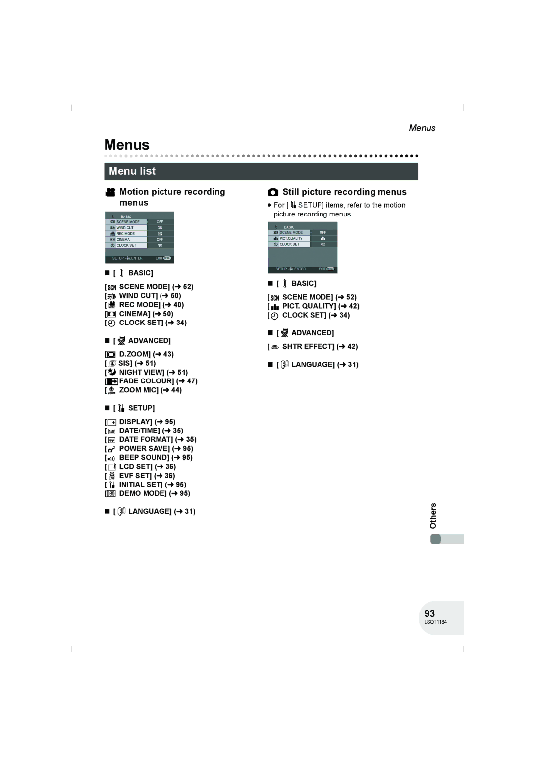 Panasonic VDR-D160GN manual Menus, Menu list, Motion picture recording menus, Still picture recording menus, Advanced 