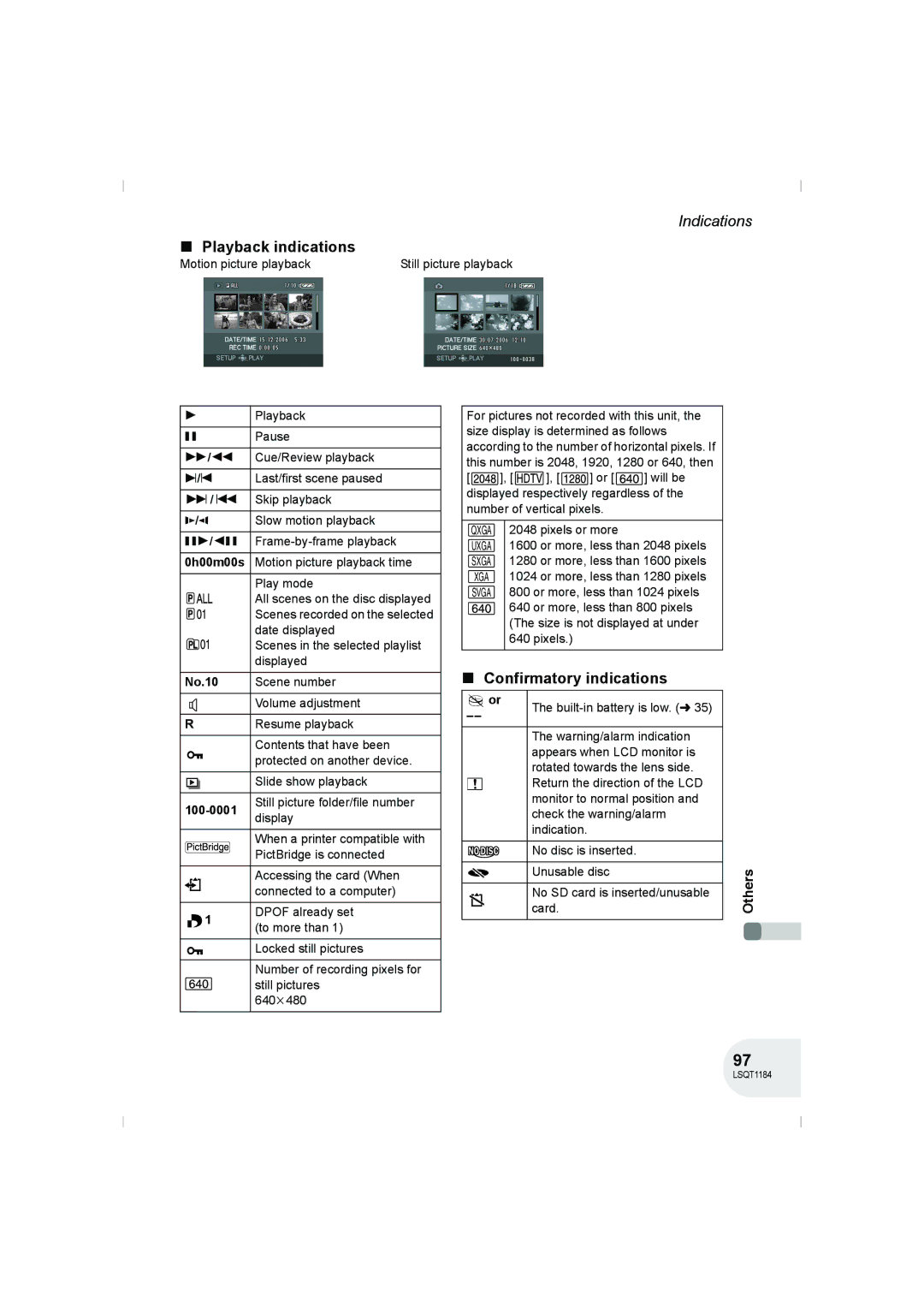 Panasonic VDR-D160GN manual Playback indications, Confirmatory indications, No.10, 100-0001 