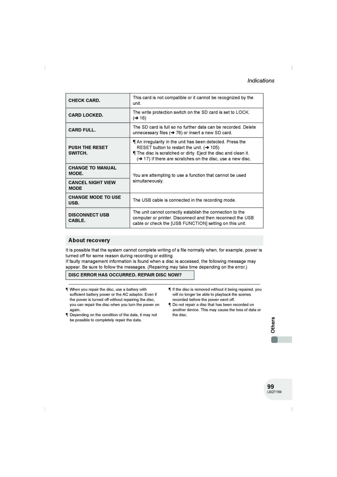 Panasonic VDR-D160GN manual About recovery 