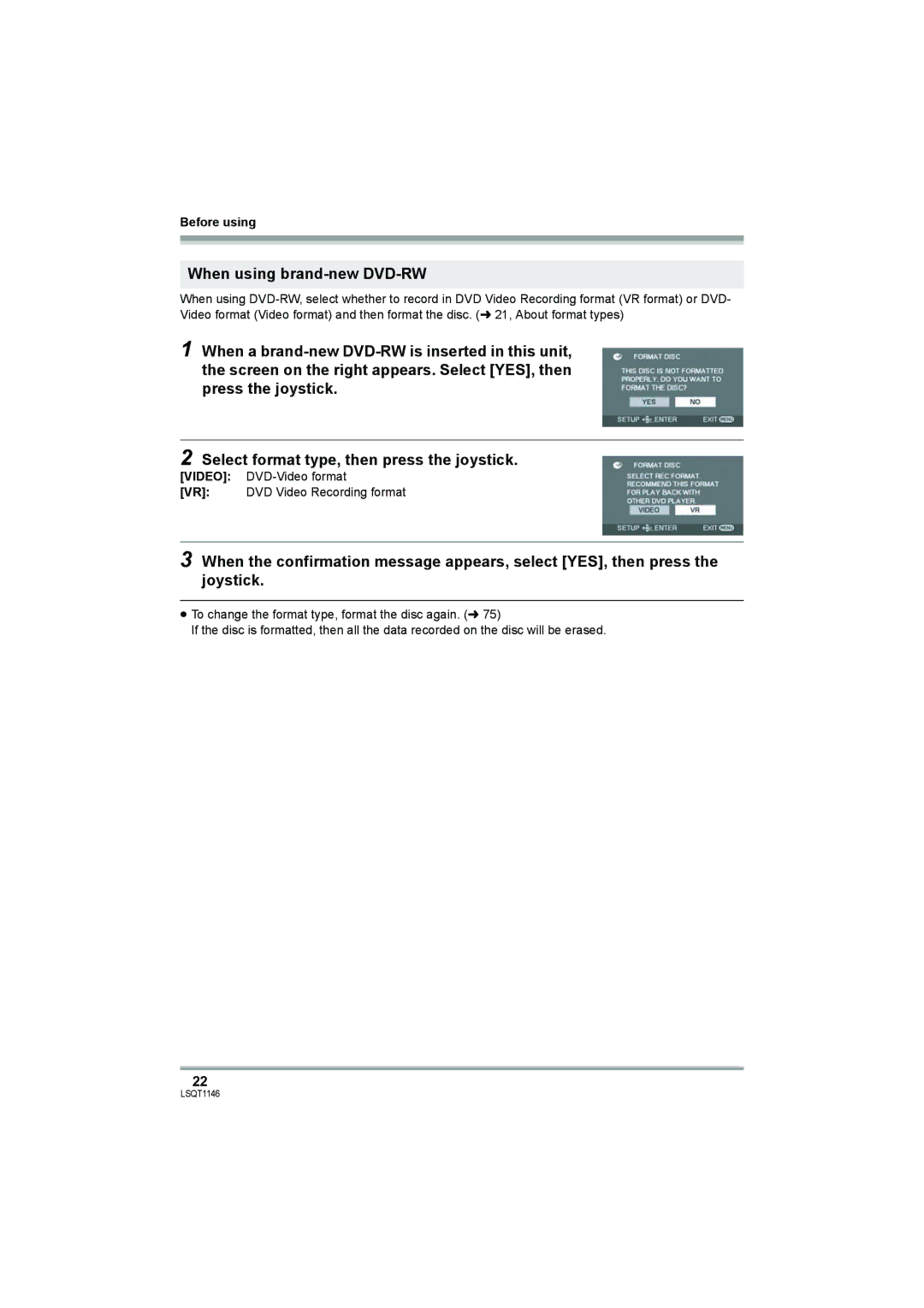 Panasonic VDR-D220 operating instructions When using brand-new DVD-RW 