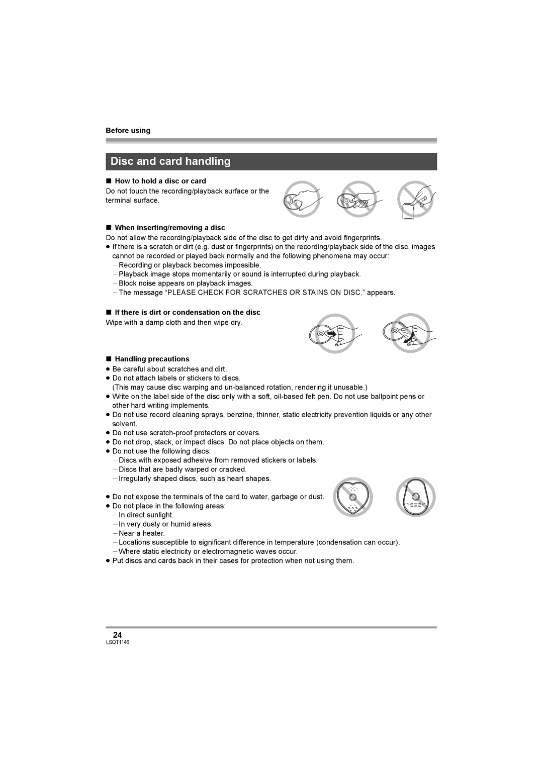 Panasonic VDR-D220 Disc and card handling, How to hold a disc or card, When inserting/removing a disc 