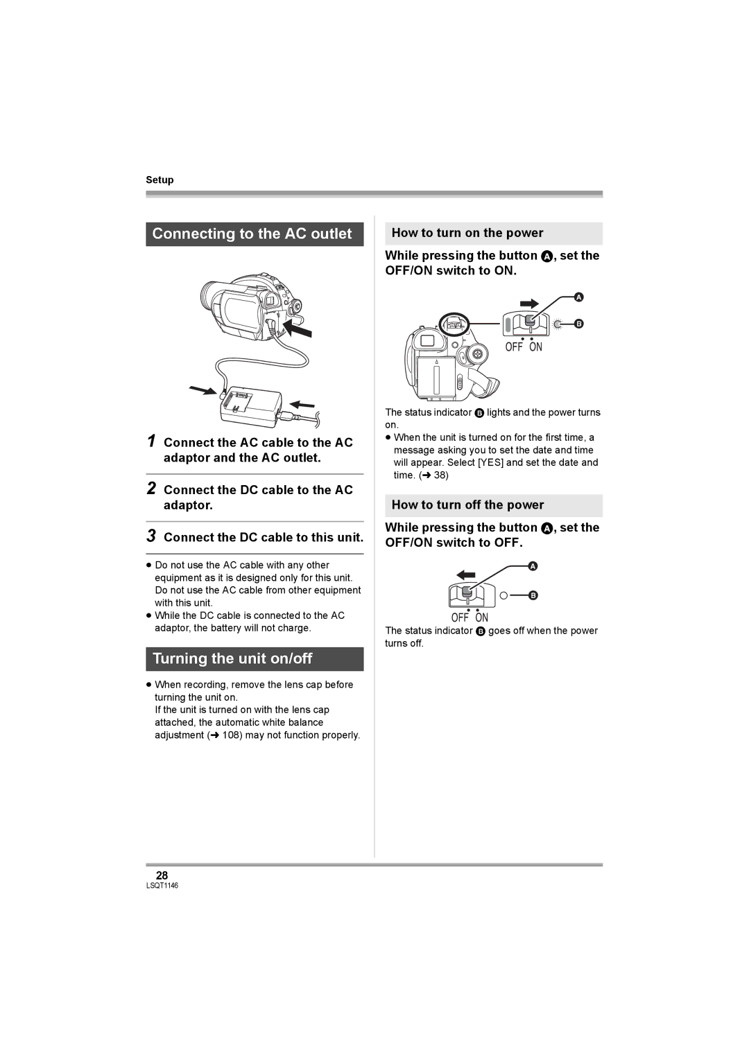 Panasonic VDR-D220 operating instructions Connecting to the AC outlet, Turning the unit on/off 