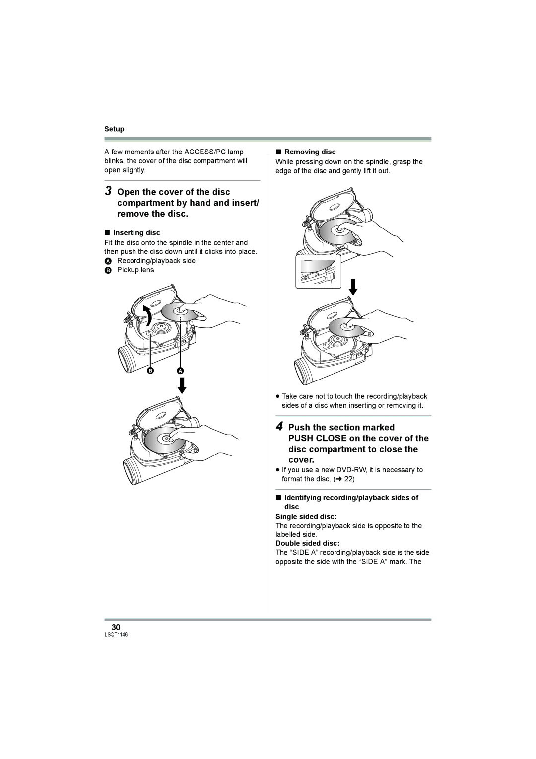 Panasonic VDR-D220 operating instructions Inserting disc, Removing disc, Double sided disc 