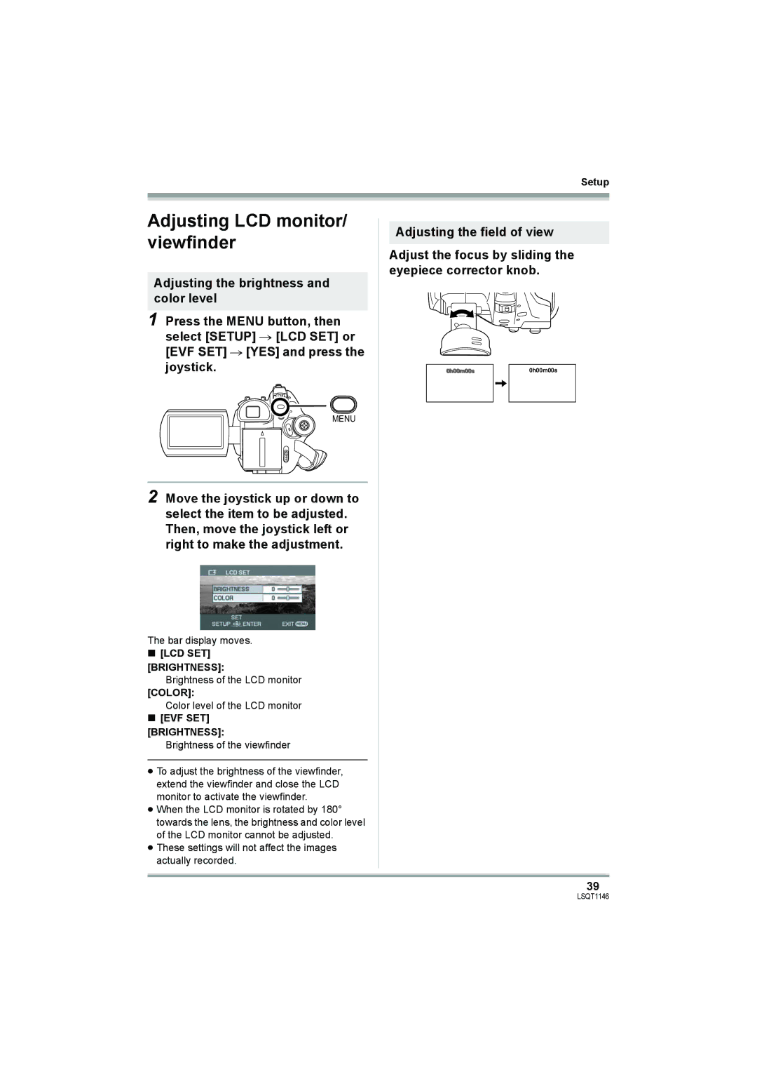 Panasonic VDR-D220 operating instructions Adjusting LCD monitor/ viewfinder, LCD SET Brightness, Color, EVF SET Brightness 