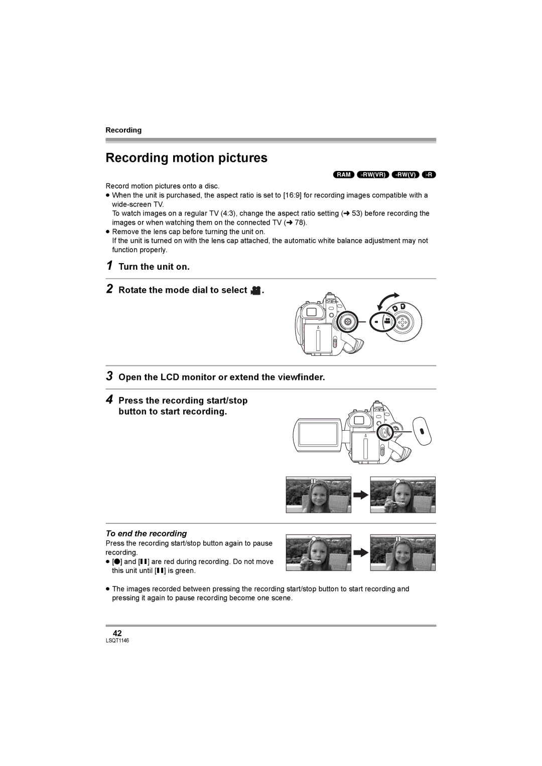 Panasonic VDR-D220 operating instructions Recording motion pictures, To end the recording 