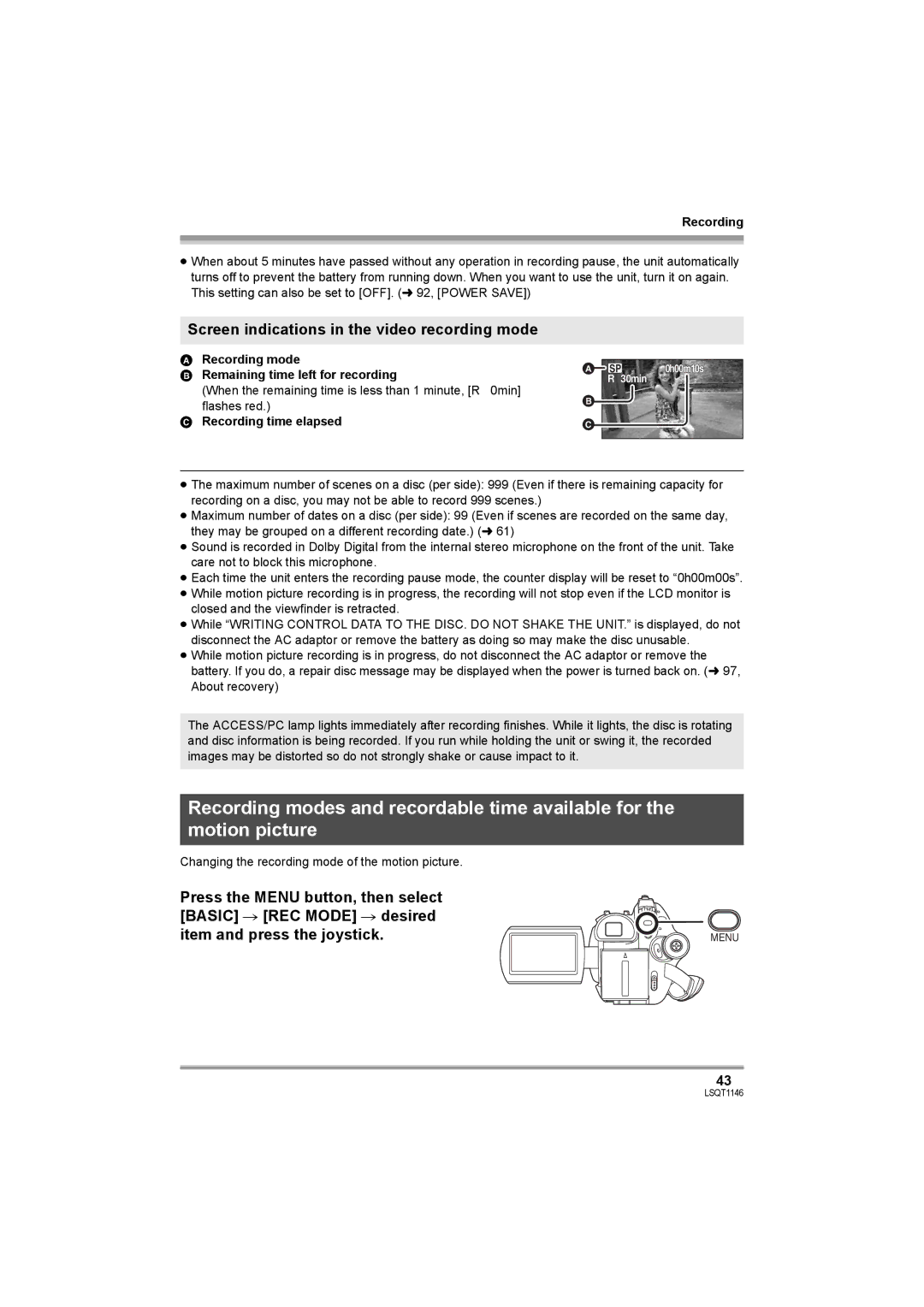 Panasonic VDR-D220 Screen indications in the video recording mode, Recording mode Remaining time left for recording 