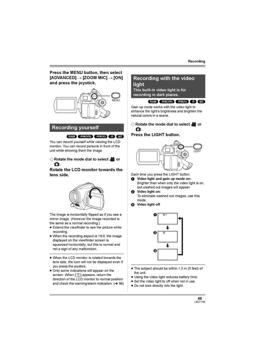 Panasonic VDR-D220 Recording yourself, Recording with the video light, Rotate the LCD monitor towards the lens side 