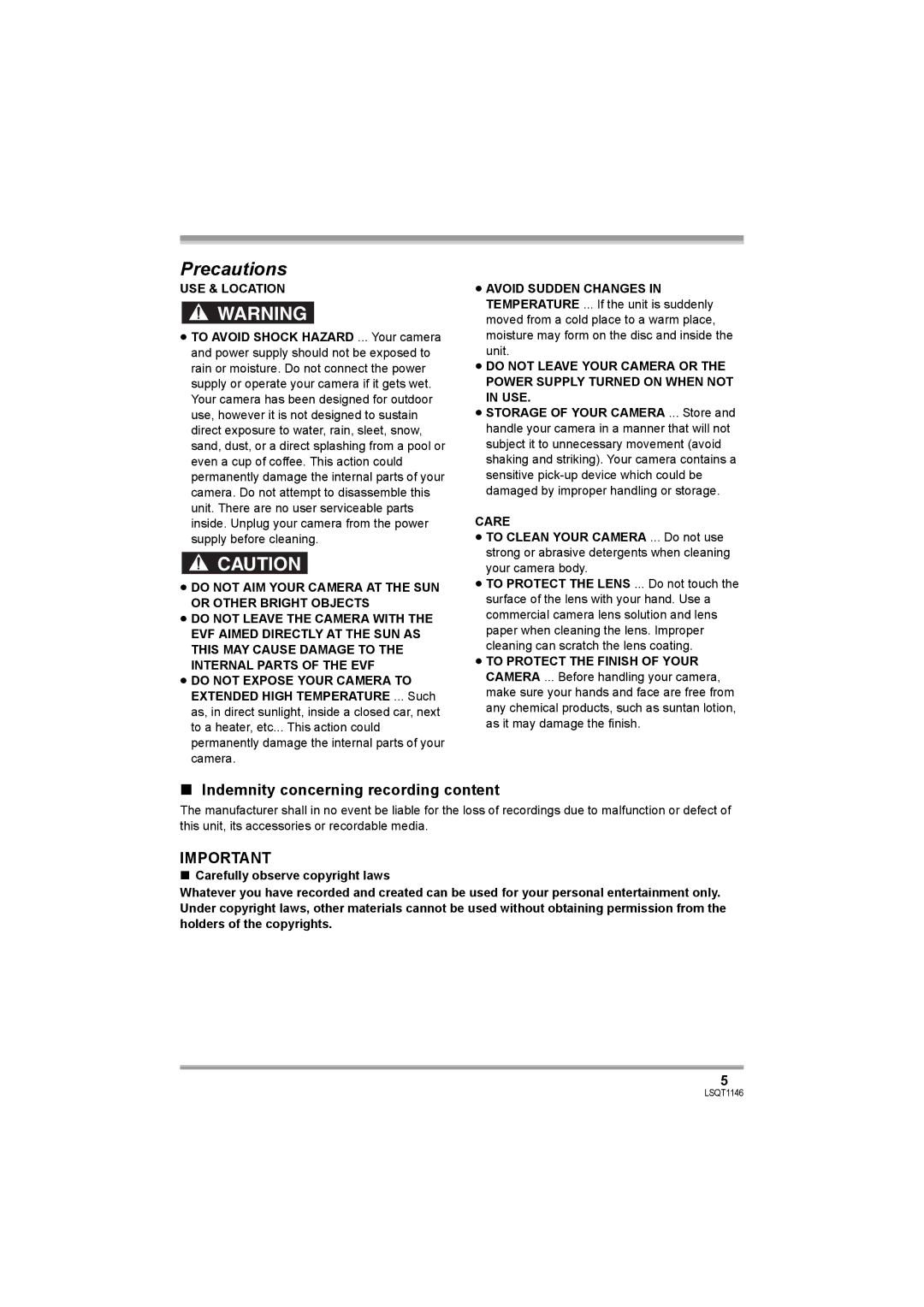 Panasonic VDR-D220 operating instructions Indemnity concerning recording content, USE & Location, Care 