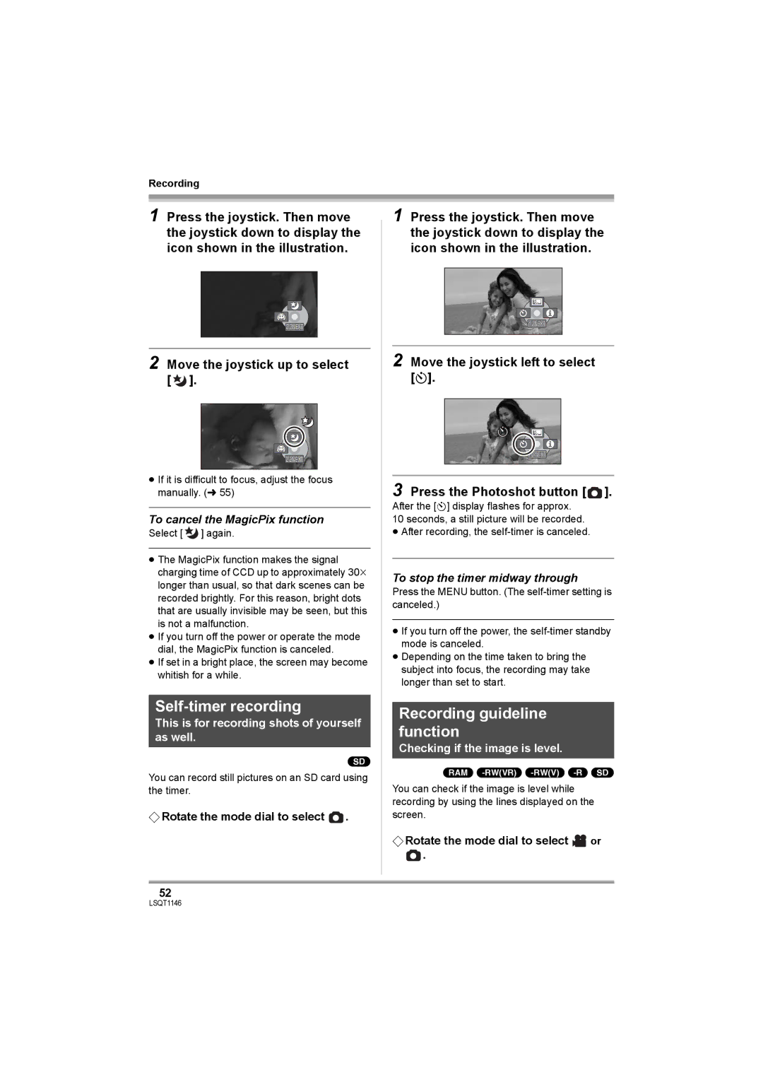 Panasonic VDR-D220 Self-timer recording, Recording guideline function, Move the joystick up to select 