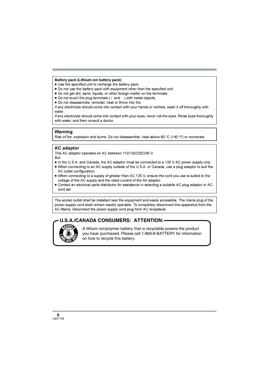 Panasonic VDR-D220 operating instructions AC adaptor, Battery pack Lithium ion battery pack 