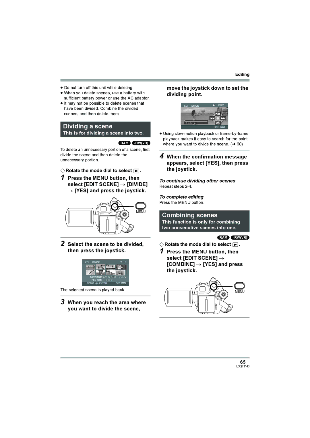 Panasonic VDR-D220 Dividing a scene, Combining scenes, Select the scene to be divided, then press the joystick 